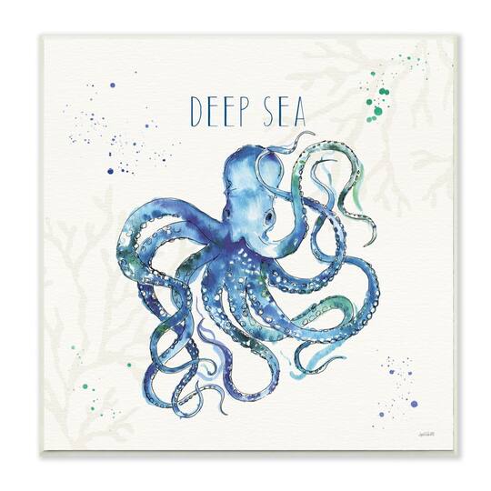 Stupell Industries Deep Sea Text Octopus Blue Green Watercolor,12" x 12"